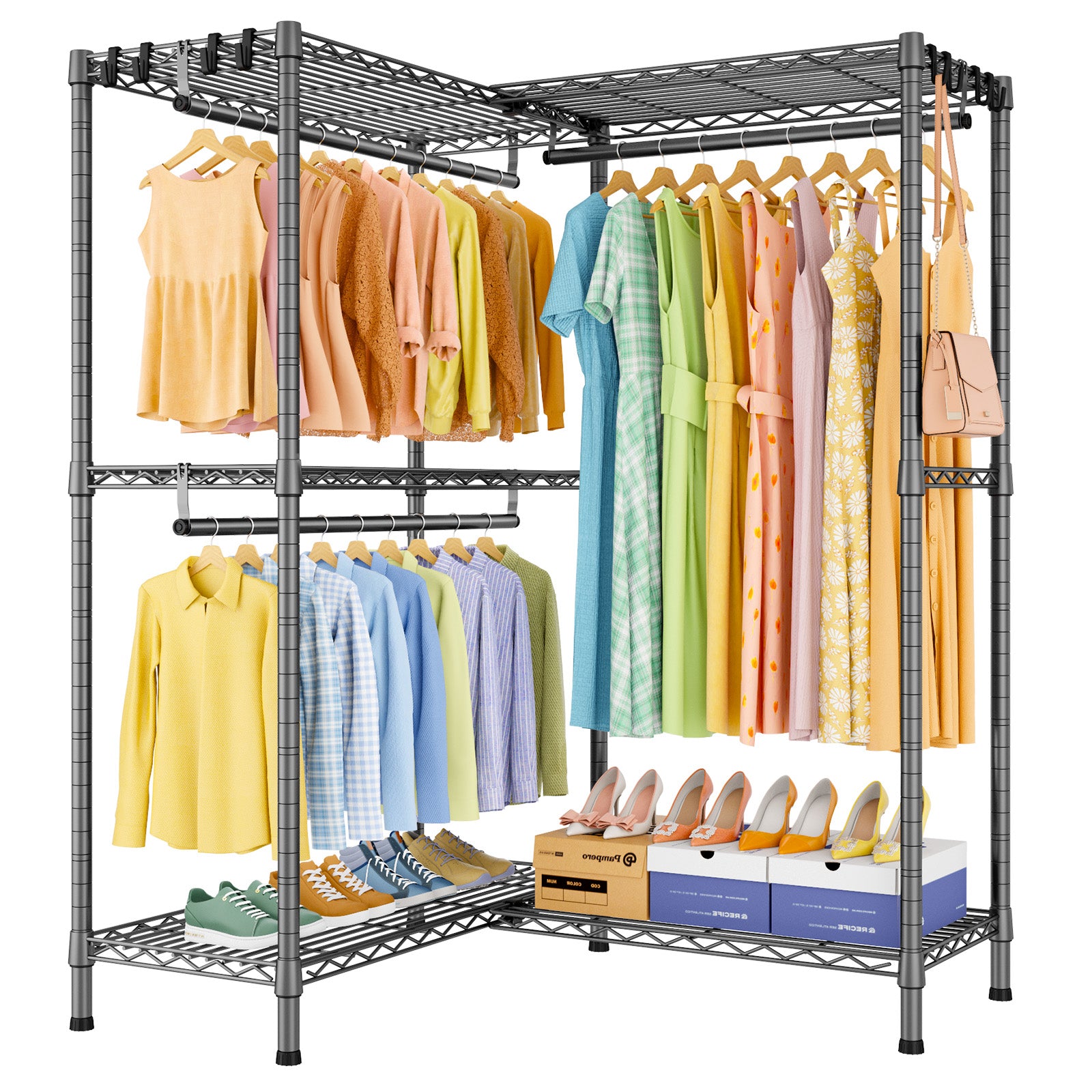 E15 Garment Rack L Shaped Clothes Rack for Corner, 850LBS LOAD, 4 Hanger Rods & 8 S Hooks