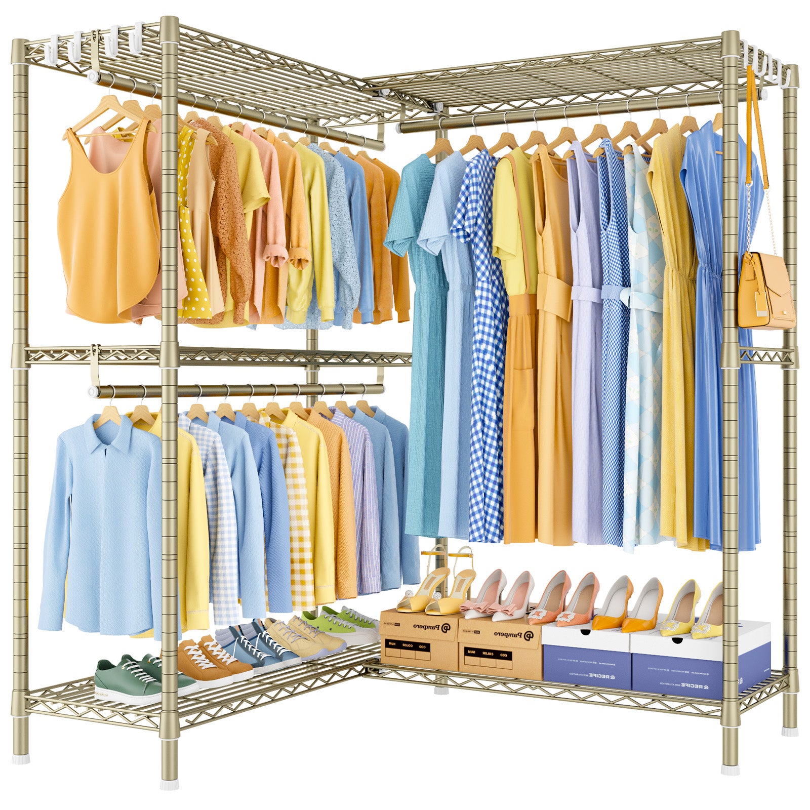 E15 Pro Garment Rack L Shaped Clothes Rack for Corner, Heavy Duty Closet System with 4 Hanging Rods & 8 S Hooks