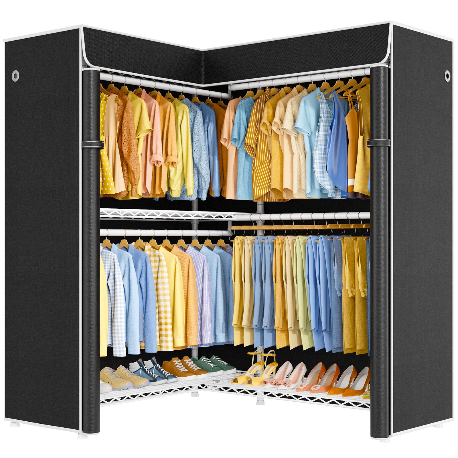 E15C Pro Garment Rack L Shaped Clothes Rack for Corner, 48.8"W x 15.8"D x 78.4"H, Black Rack with Black Dustproof Cover