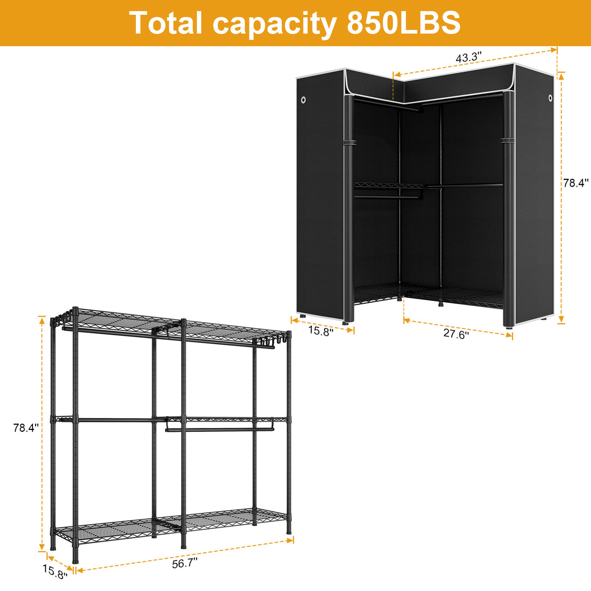 E15C Garment Rack L Shaped Clothes Rack for Corner, 43.3"W x 15.8"D x 78.4"H, Black Rack with Grey Dustproof Cover