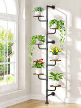 C5 Plant Stand Indoor, 6-Tier Plant Shelf, Tall Wall Mounted Metal Pole & Rotating Wooden Board Plant Holder for French Window, Corner, Home Decor