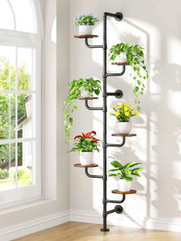 C5 Plant Stand Indoor, 6-Tier Plant Shelf, Tall Wall Mounted Metal Pole & Rotating Wooden Board Plant Holder for French Window, Corner, Home Decor