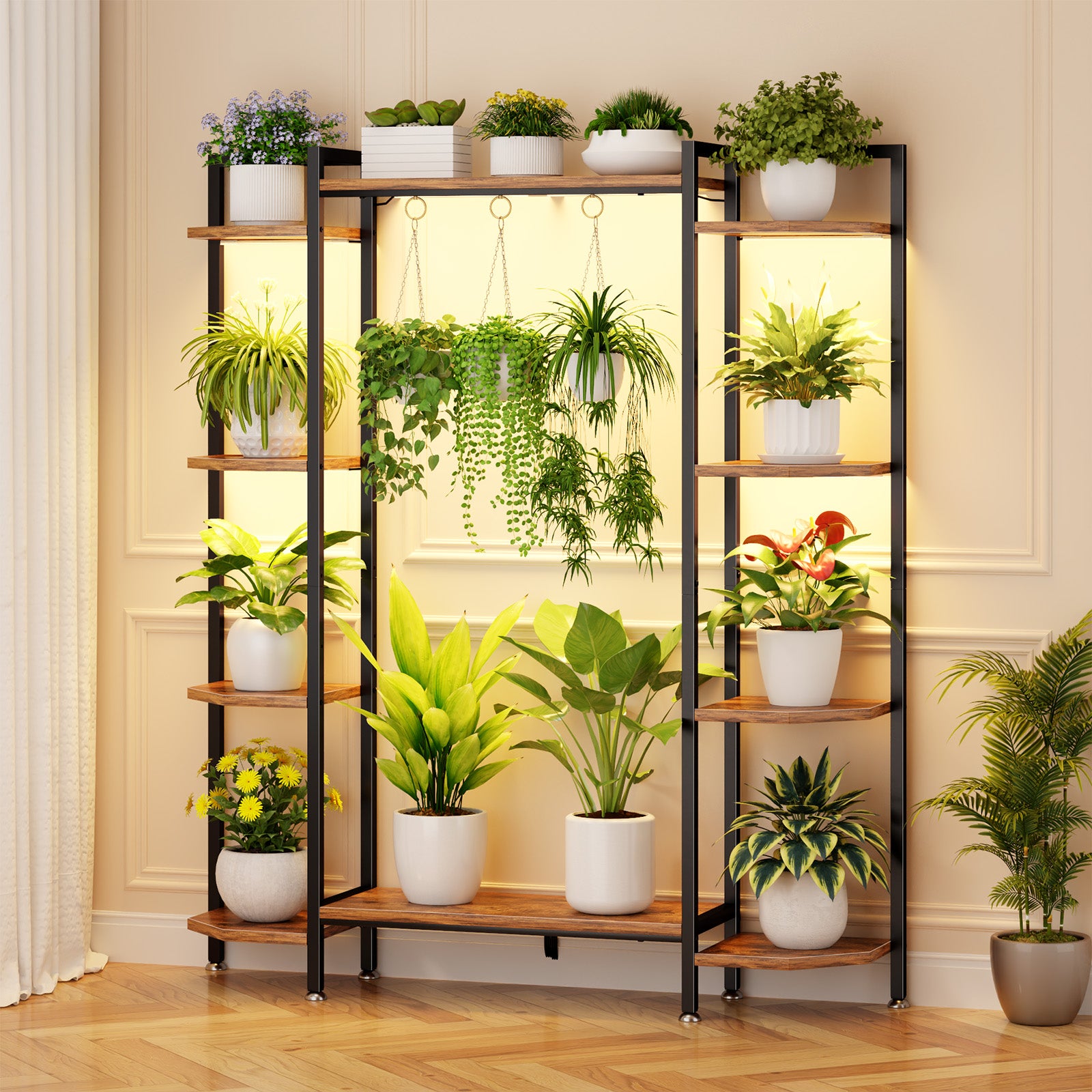 C1 Plant Stand Indoor with 6 Grow Lights, 6 Tiered Large Metal Plant Stand, 55 Inches Tall Plant Shelf with Hooks, Plant Holder Display Shelves for Patio, Garden, Living Room, Balcony
