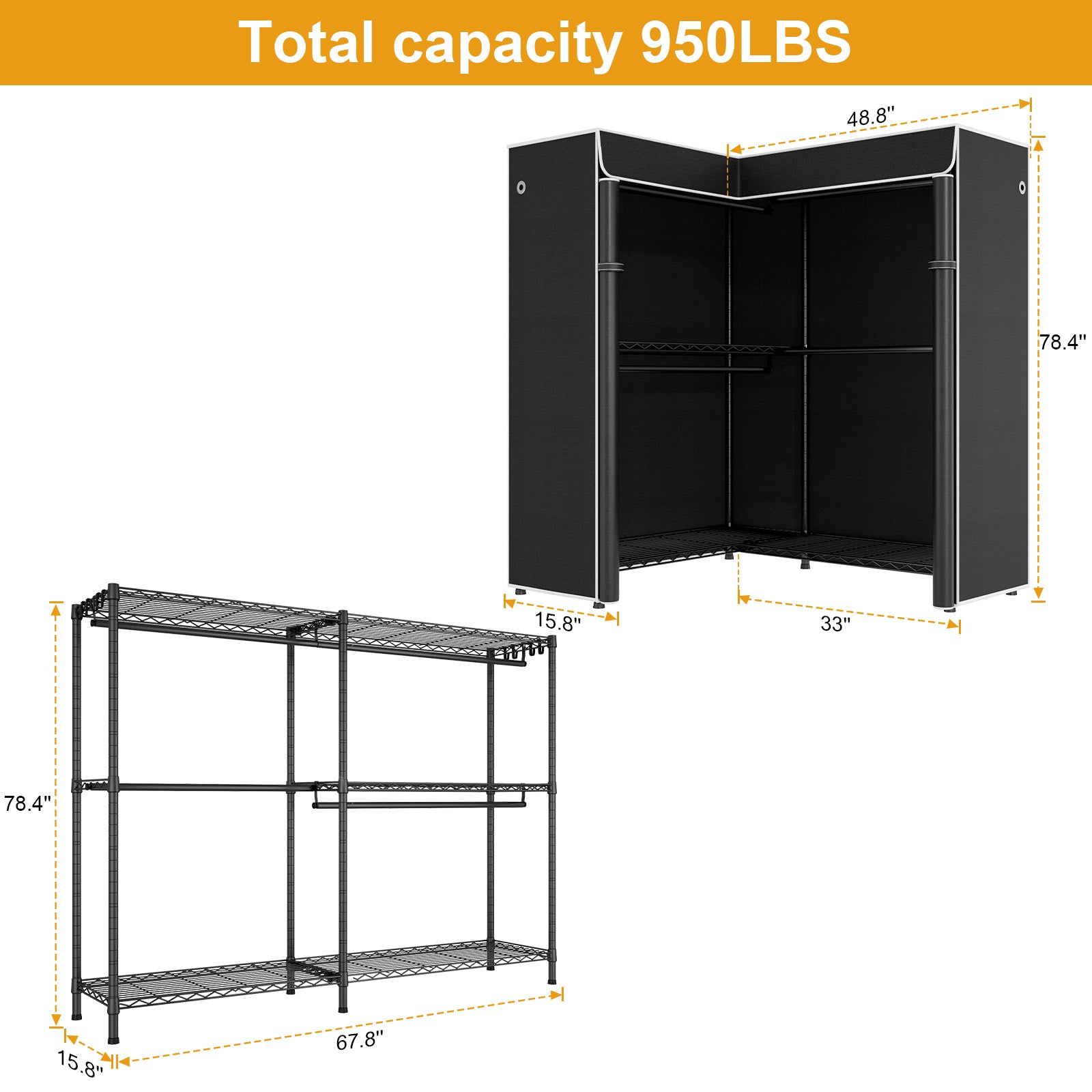 E15C Pro Garment Rack L Shaped Clothes Rack for Corner, 48.8"W x 15.8"D x 78.4"H, Black Rack with Black Dustproof Cover