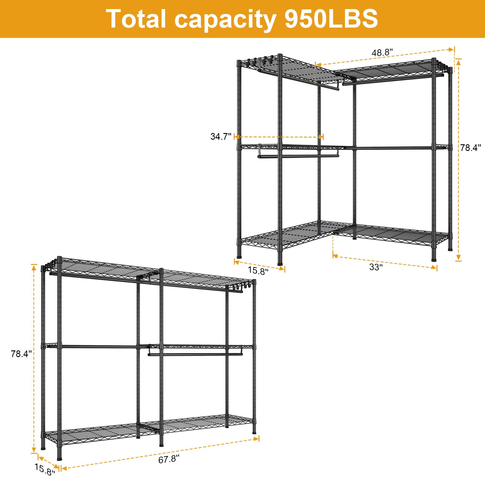 E15 Pro Garment Rack L Shaped Clothes Rack for Corner, Heavy Duty Closet System with 4 Hanging Rods & 8 S Hooks