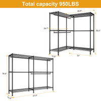 E15 Pro Garment Rack L Shaped Clothes Rack for Corner, Heavy Duty Closet System with 4 Hanging Rods & 8 S Hooks