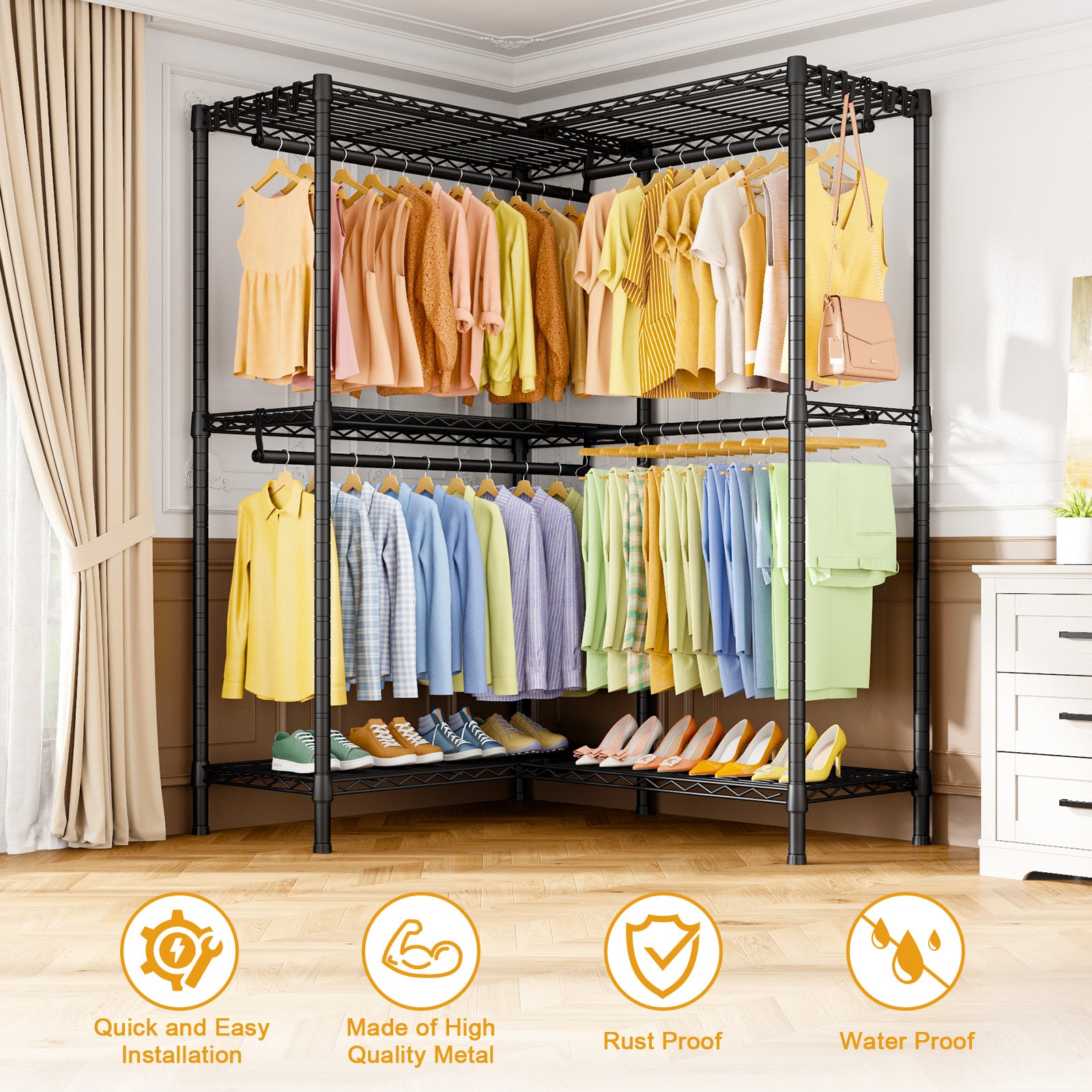 E15 Garment Rack L Shaped Clothes Rack for Corner, 850LBS LOAD, 4 Hanger Rods & 8 S Hooks