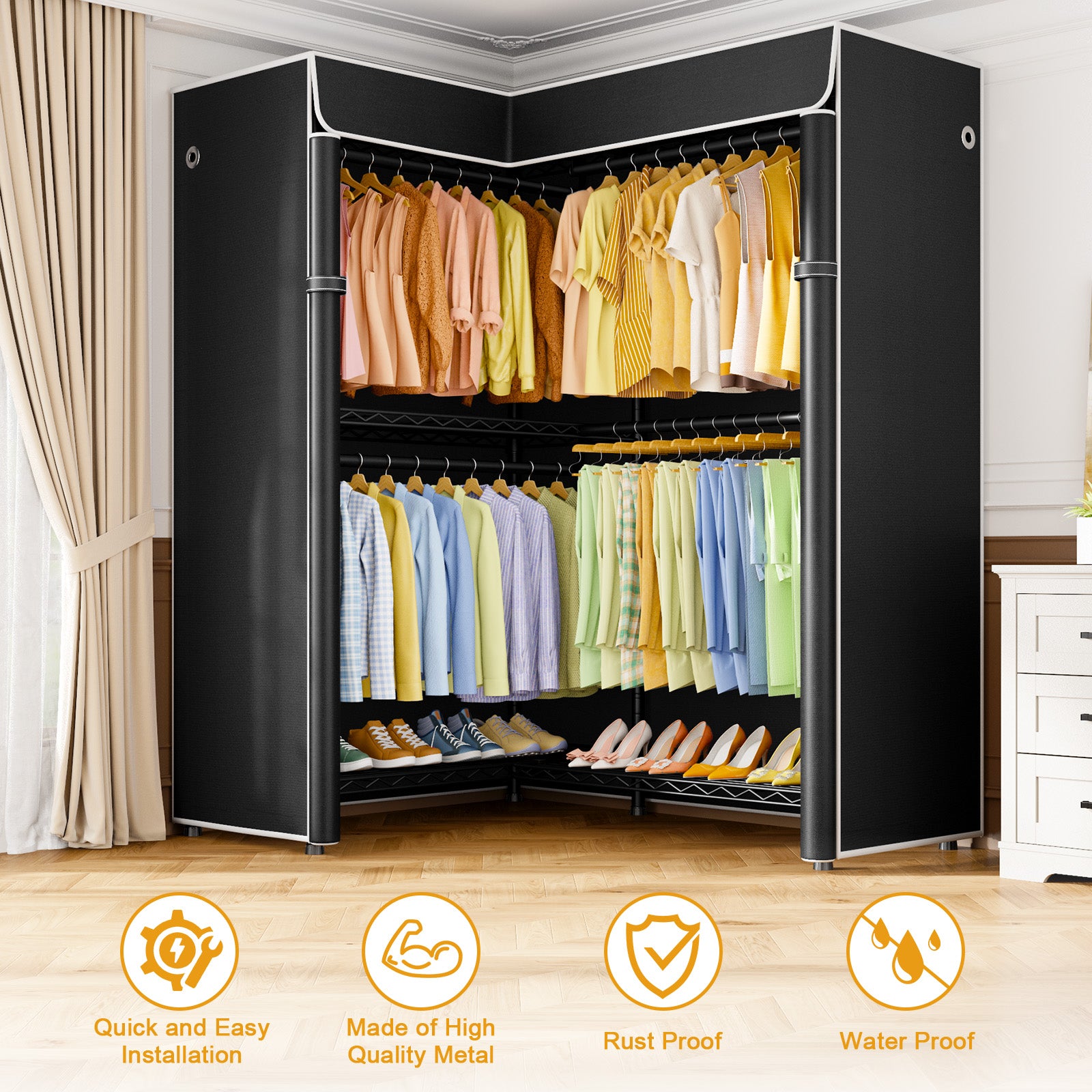 E15C Garment Rack L Shaped Clothes Rack for Corner, 43.3"W x 15.8"D x 78.4"H, Black Rack with Grey Dustproof Cover