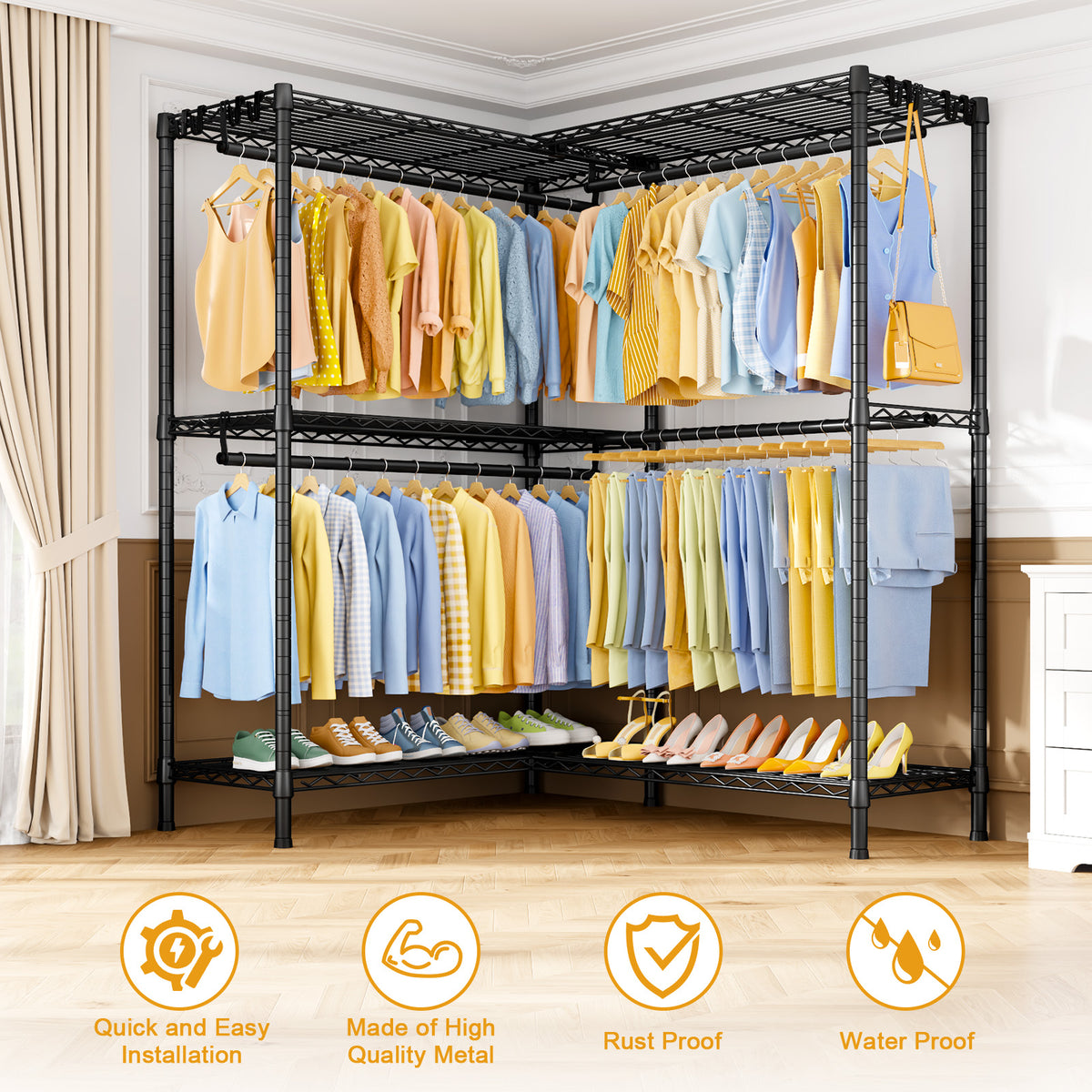 E15 Pro Garment Rack L Shaped Clothes Rack for Corner, Heavy Duty Closet System with 4 Hanging Rods & 8 S Hooks