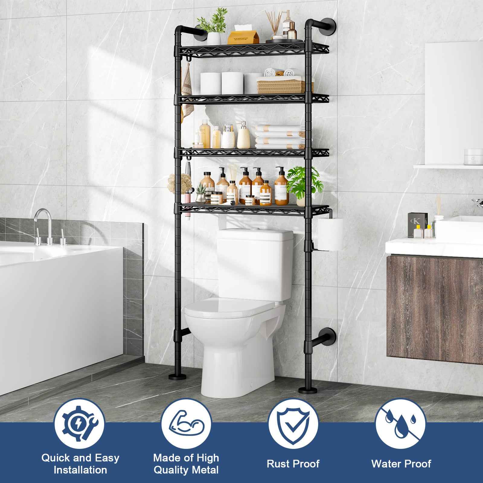 K3 Wall Mounted 4-Tier Over the Toilet Storage，Metal Above Toilet Storage with Paper Hook，Over Toilet Bathroom Organizer with Adjustable Shelf