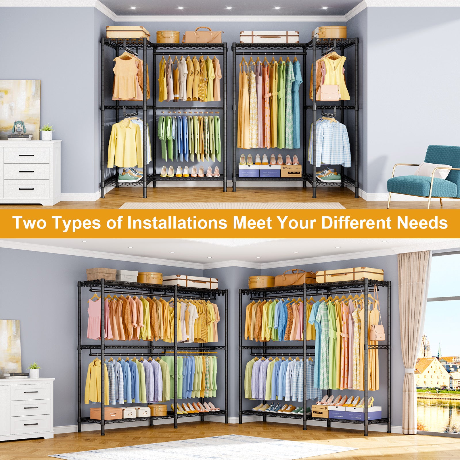 E15 Garment Rack L Shaped Clothes Rack for Corner, 850LBS LOAD, 4 Hanger Rods & 8 S Hooks