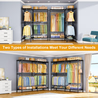 E15 Garment Rack L Shaped Clothes Rack for Corner, 850LBS LOAD, 4 Hanger Rods & 8 S Hooks