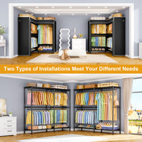 E15C Garment Rack L Shaped Clothes Rack for Corner, 43.3"W x 15.8"D x 78.4"H, Black Rack with Grey Dustproof Cover