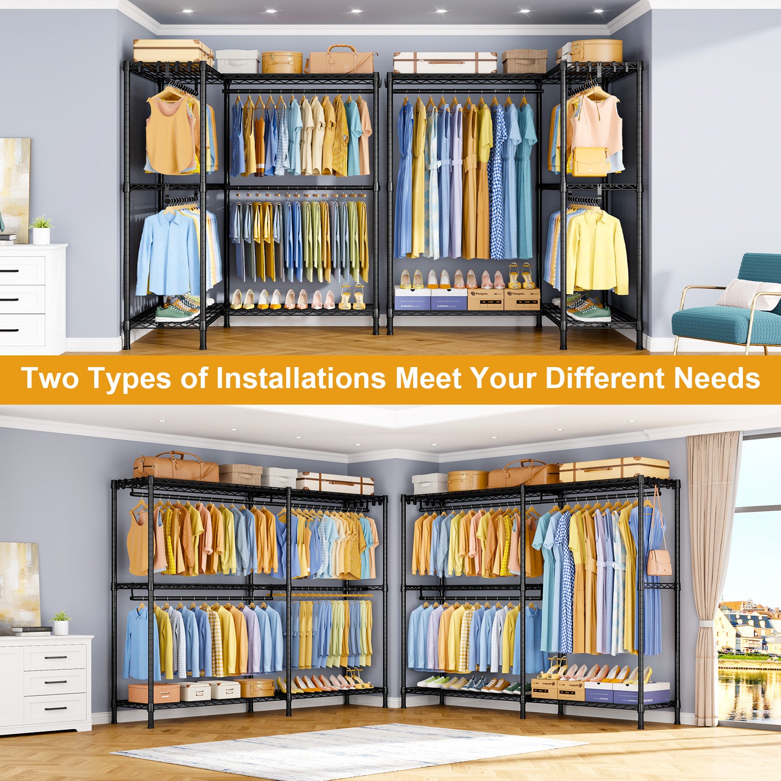 E15 Pro Garment Rack L Shaped Clothes Rack for Corner, Heavy Duty Closet System with 4 Hanging Rods & 8 S Hooks