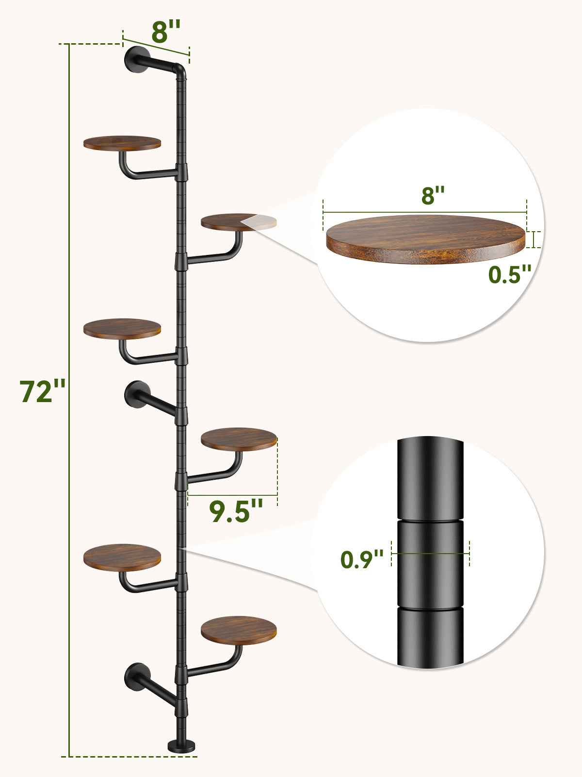 C5 Plant Stand Indoor, 6-Tier Plant Shelf, Tall Wall Mounted Metal Pole & Rotating Wooden Board Plant Holder for French Window, Corner, Home Decor