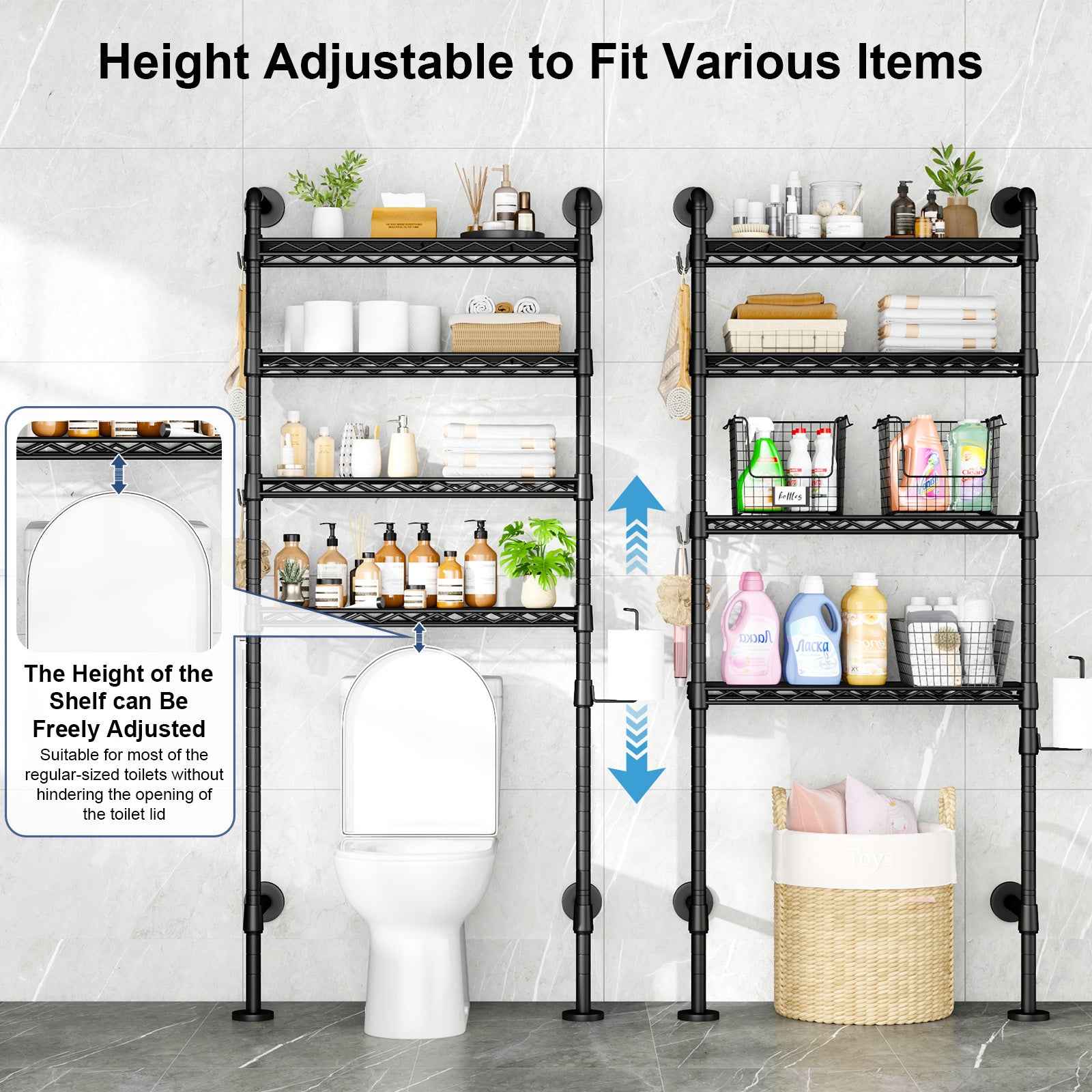 K3 Wall Mounted 4-Tier Over the Toilet Storage，Metal Above Toilet Storage with Paper Hook，Over Toilet Bathroom Organizer with Adjustable Shelf