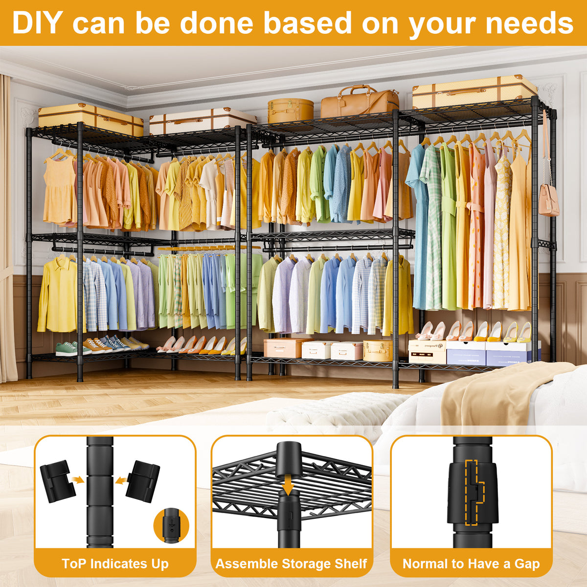E15 Garment Rack L Shaped Clothes Rack for Corner, 850LBS LOAD, 4 Hanger Rods & 8 S Hooks