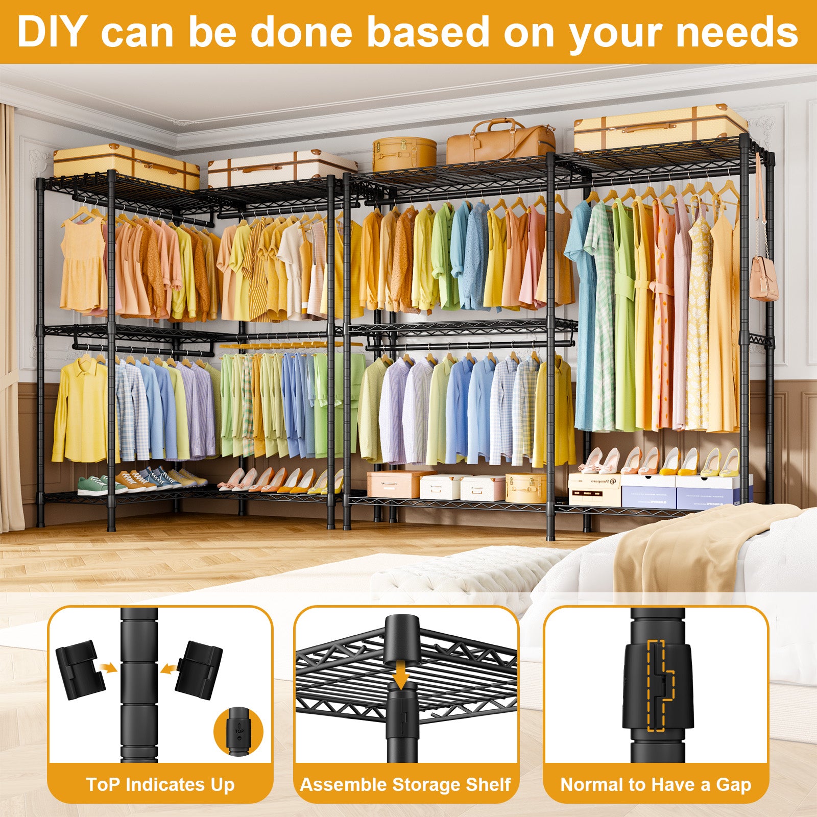 E15 Garment Rack L Shaped Clothes Rack for Corner, 850LBS LOAD, 4 Hanger Rods & 8 S Hooks