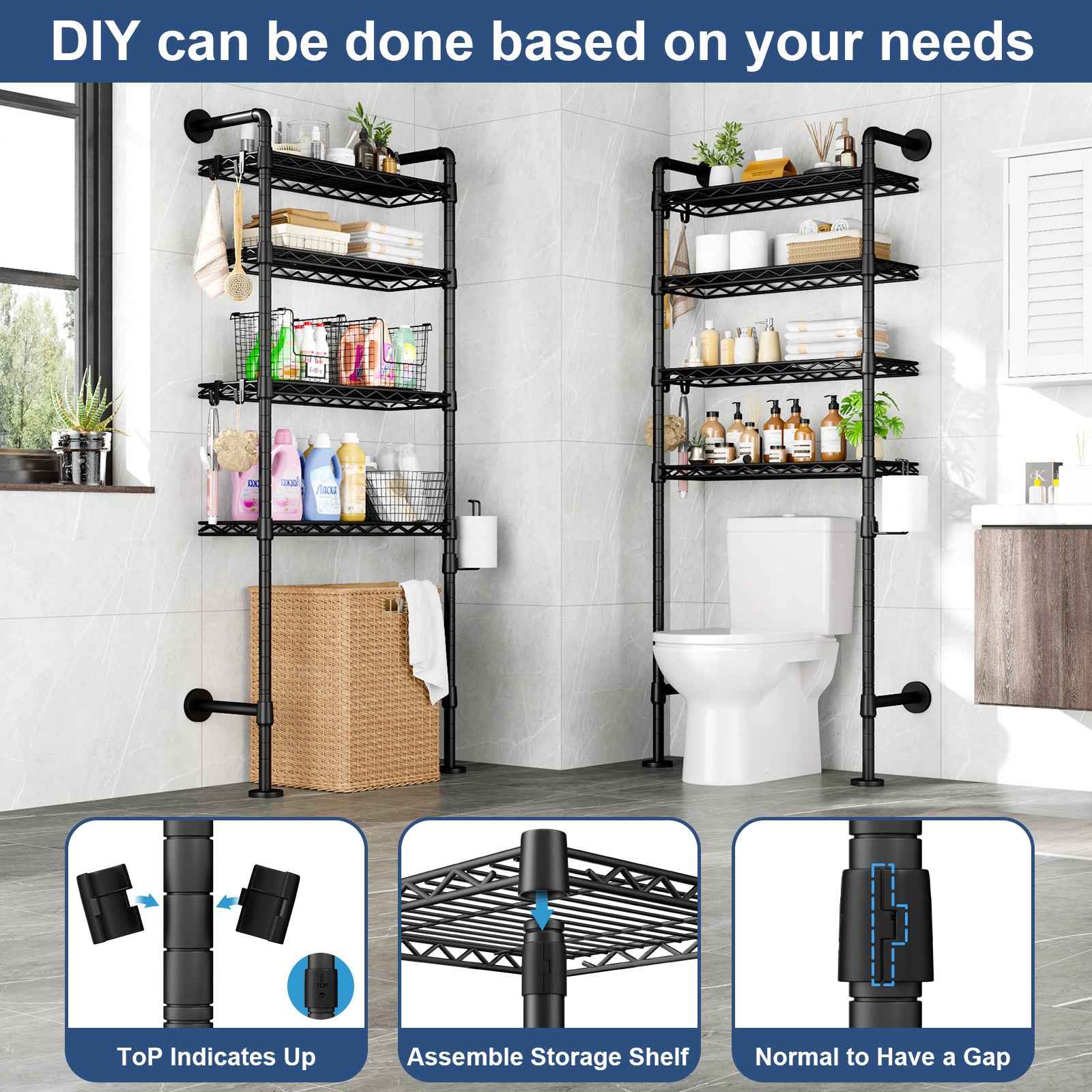 K3 Wall Mounted 4-Tier Over the Toilet Storage，Metal Above Toilet Storage with Paper Hook，Over Toilet Bathroom Organizer with Adjustable Shelf