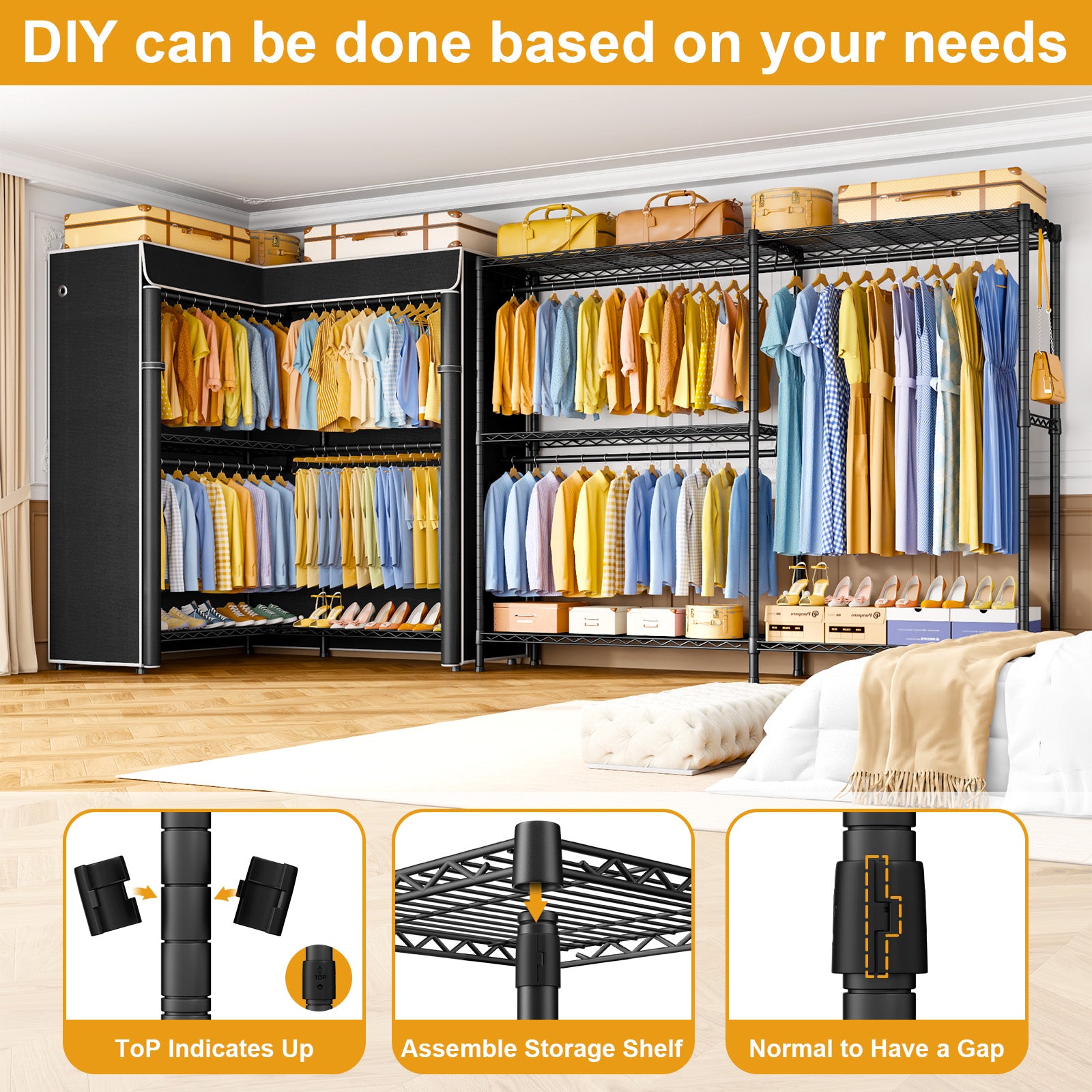 E15C Pro Garment Rack L Shaped Clothes Rack for Corner, 48.8"W x 15.8"D x 78.4"H, Black Rack with Black Dustproof Cover