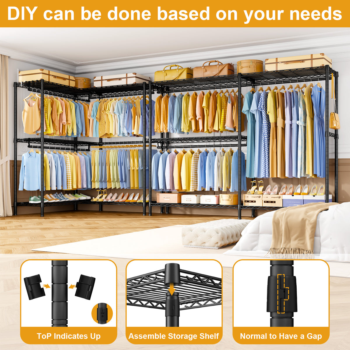 E15 Pro Garment Rack L Shaped Clothes Rack for Corner, Heavy Duty Closet System with 4 Hanging Rods & 8 S Hooks