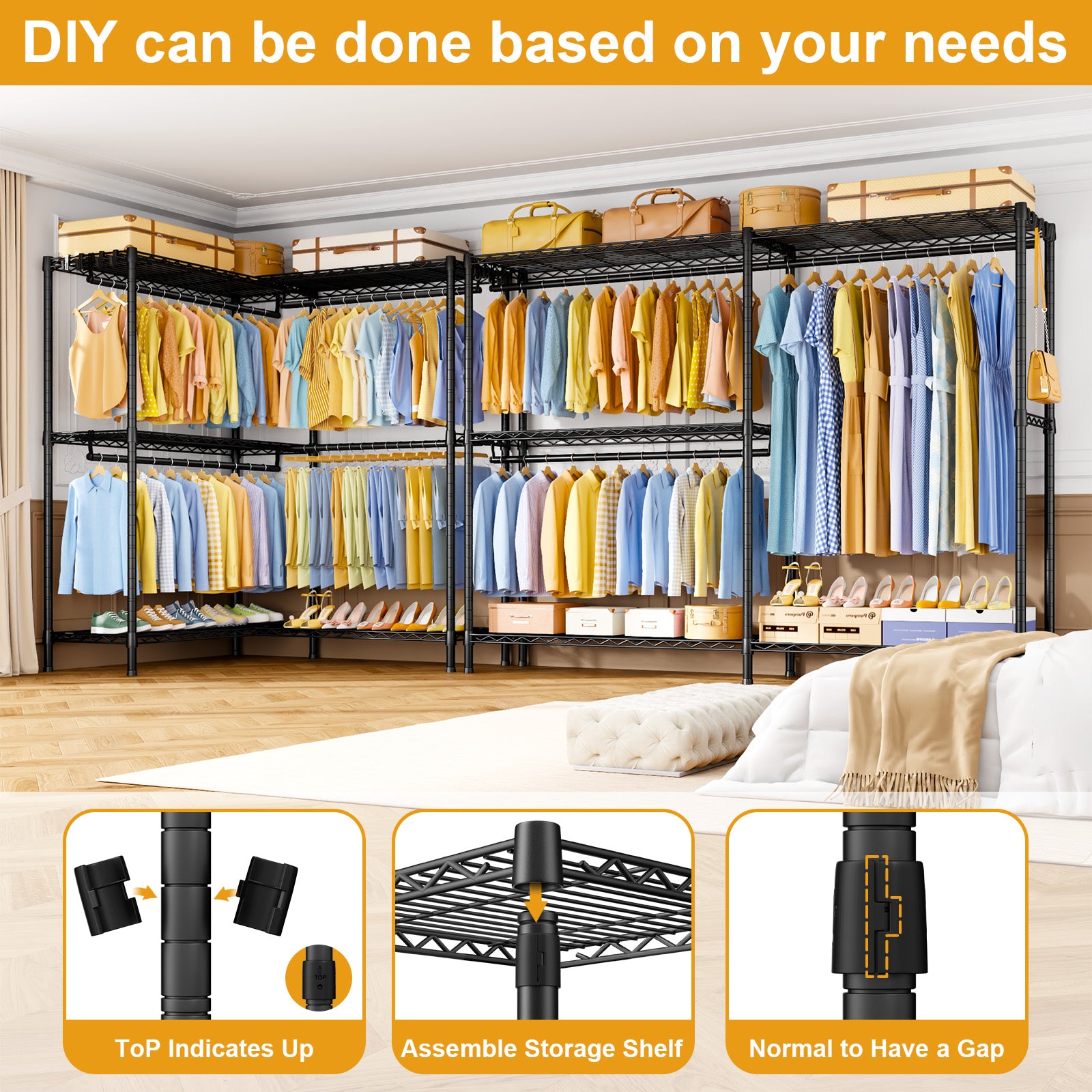 E15 Pro Garment Rack L Shaped Clothes Rack for Corner, Heavy Duty Closet System with 4 Hanging Rods & 8 S Hooks