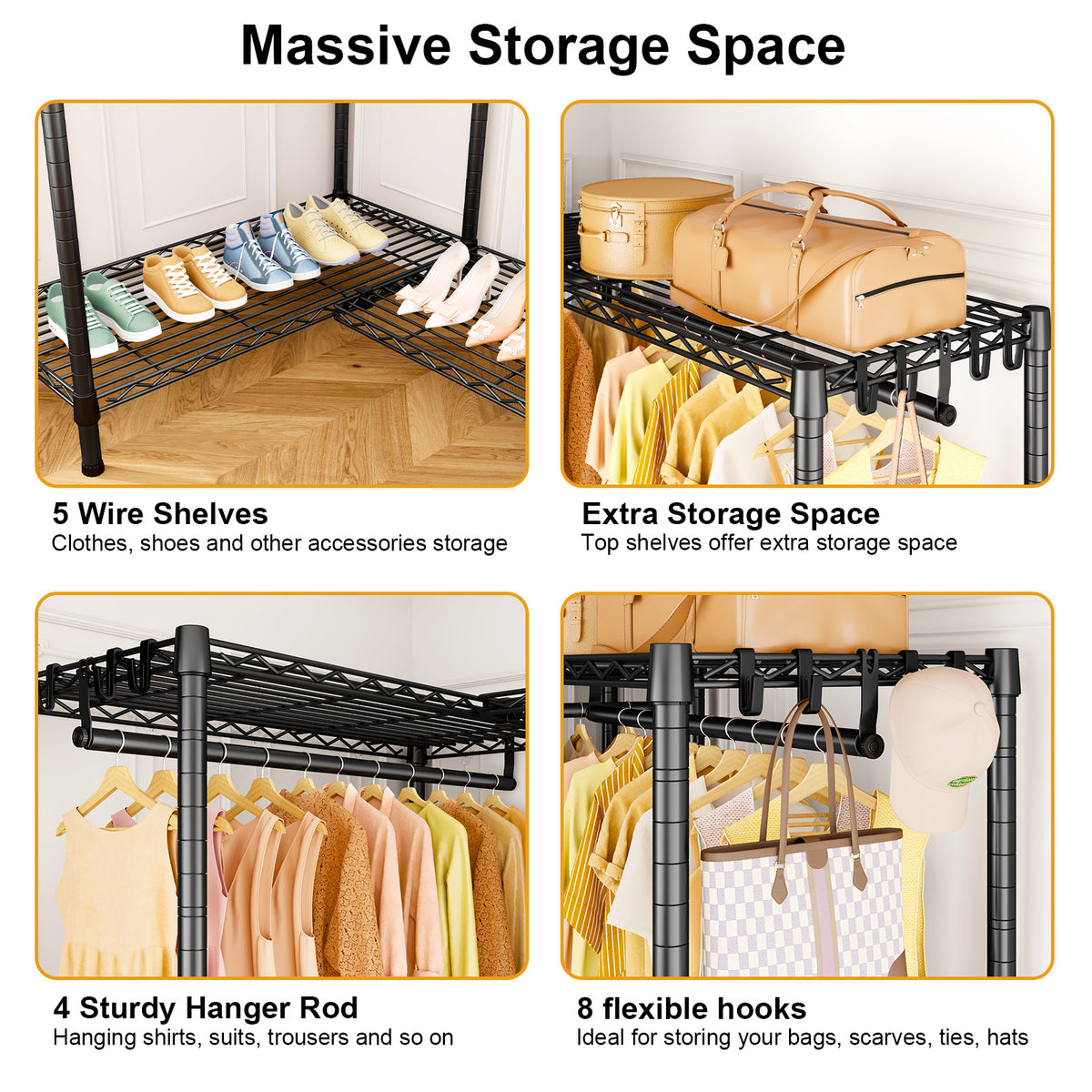 E15 Garment Rack L Shaped Clothes Rack for Corner, 850LBS LOAD, 4 Hanger Rods & 8 S Hooks