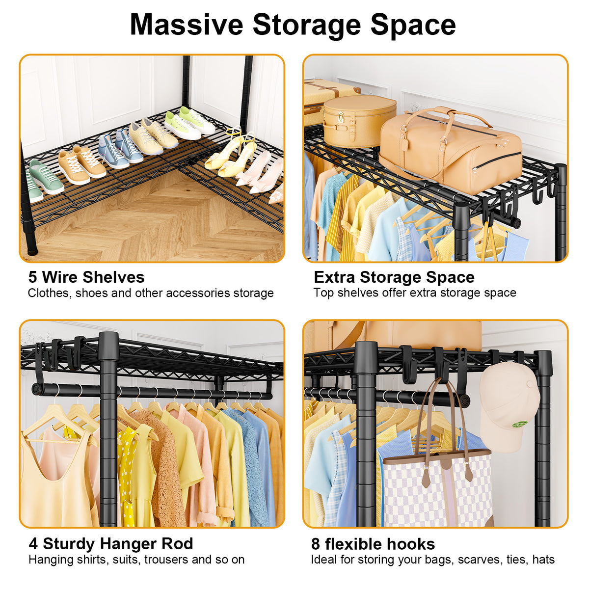 E15 Pro Garment Rack L Shaped Clothes Rack for Corner, Heavy Duty Closet System with 4 Hanging Rods & 8 S Hooks