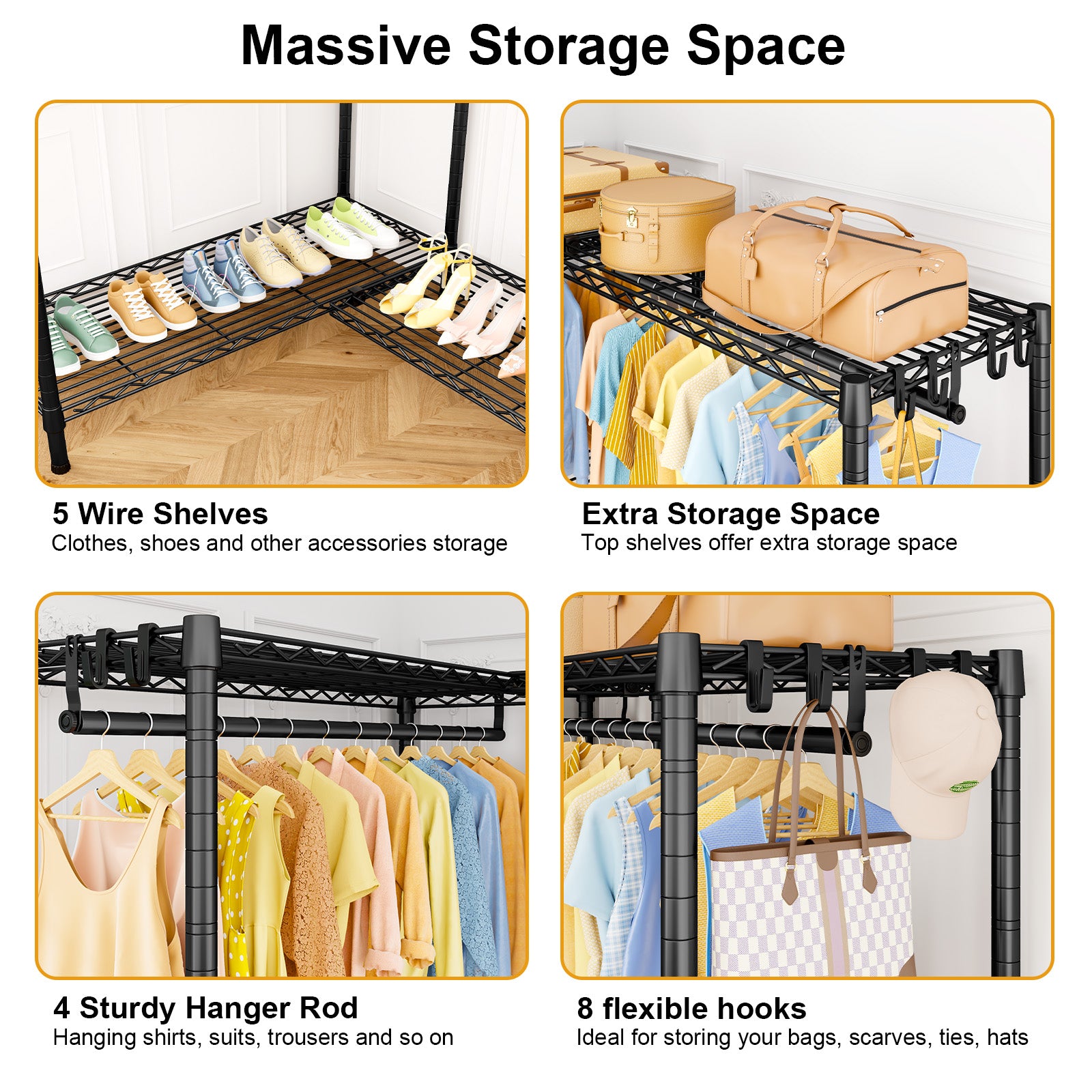 E15 Pro Garment Rack L Shaped Clothes Rack for Corner, Heavy Duty Closet System with 4 Hanging Rods & 8 S Hooks