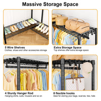 E15 Pro Garment Rack L Shaped Clothes Rack for Corner, Heavy Duty Closet System with 4 Hanging Rods & 8 S Hooks
