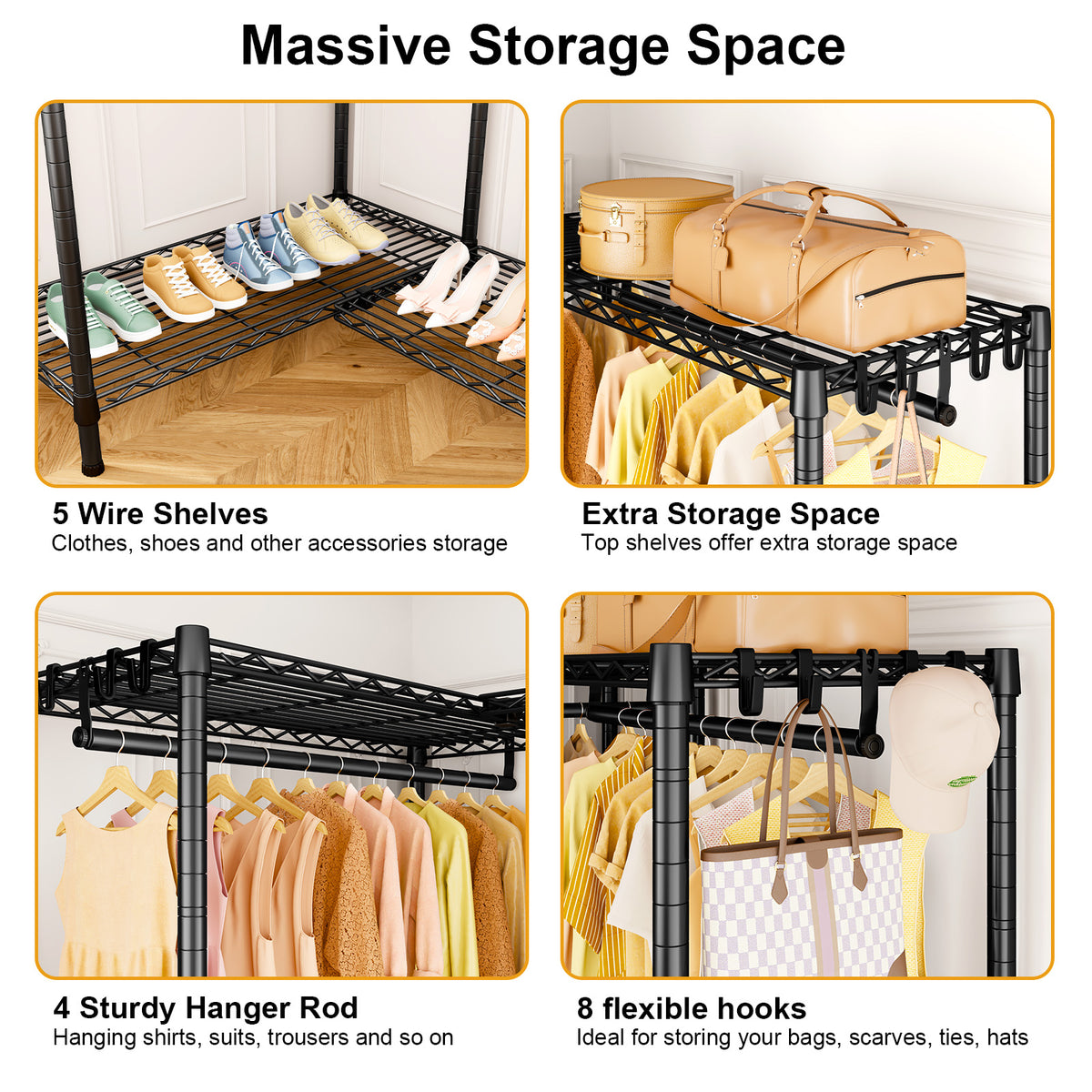 E15C Garment Rack L Shaped Clothes Rack for Corner, 43.3"W x 15.8"D x 78.4"H, Black Rack with Grey Dustproof Cover