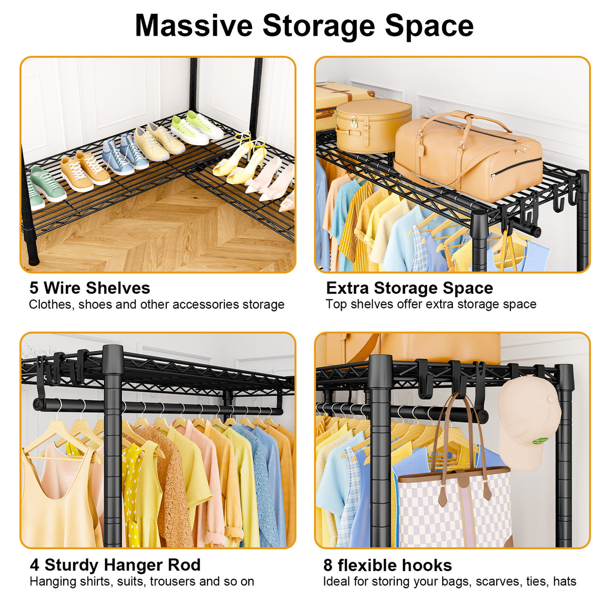 E15C Pro Garment Rack L Shaped Clothes Rack for Corner, 48.8"W x 15.8"D x 78.4"H, Black Rack with Black Dustproof Cover