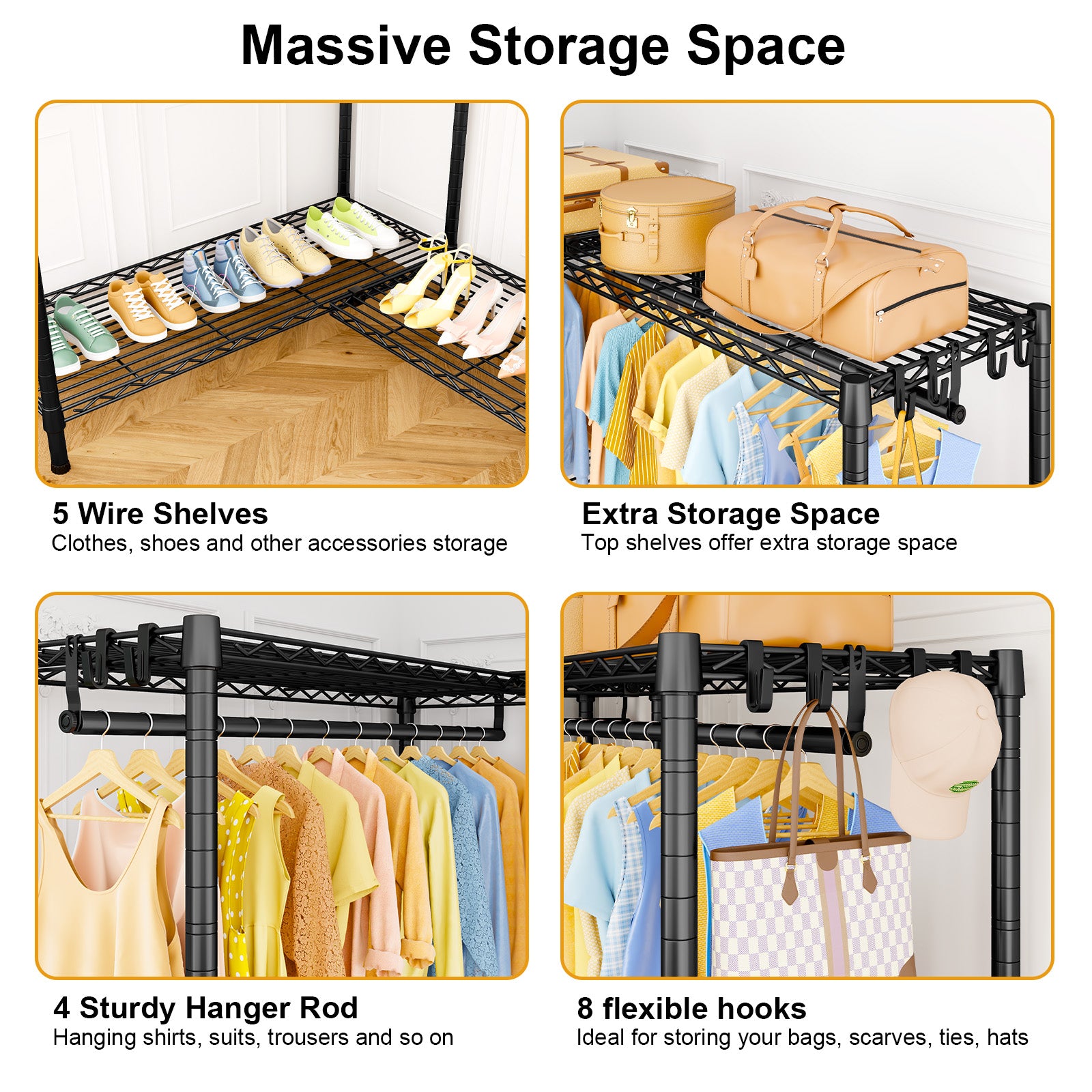 E15C Pro Garment Rack L Shaped Clothes Rack for Corner, 48.8"W x 15.8"D x 78.4"H, Black Rack with Black Dustproof Cover