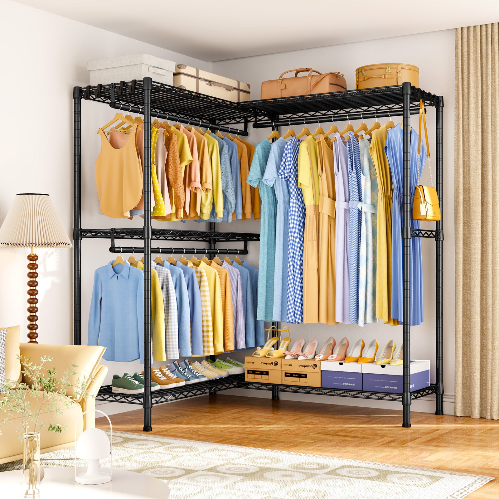 E15 Pro Garment Rack L Shaped Clothes Rack for Corner, Heavy Duty Closet System with 4 Hanging Rods & 8 S Hooks