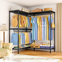 E15 Pro Garment Rack L Shaped Clothes Rack for Corner, Heavy Duty Closet System with 4 Hanging Rods & 8 S Hooks