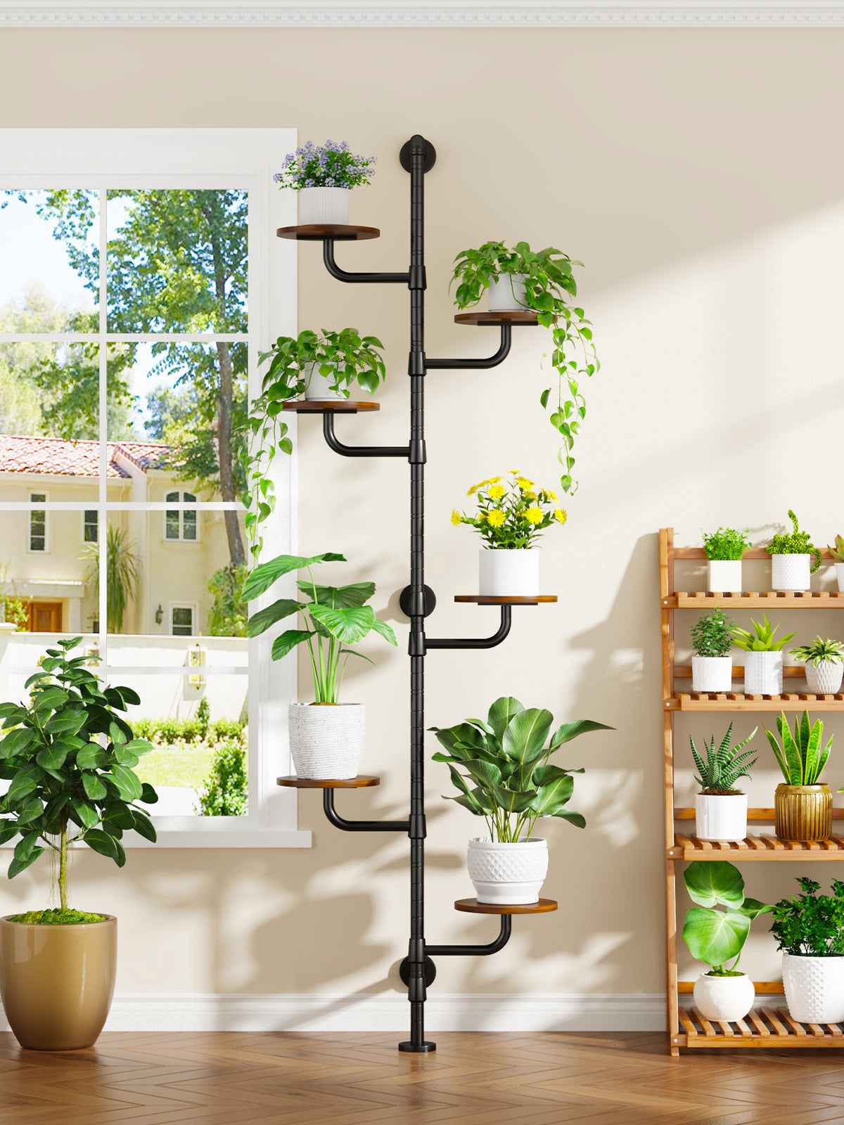 C5 Plant Stand Indoor, 6-Tier Plant Shelf, Tall Wall Mounted Metal Pole & Rotating Wooden Board Plant Holder for French Window, Corner, Home Decor