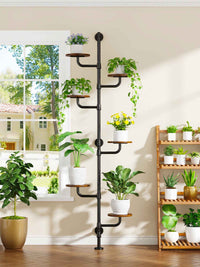 C5 Plant Stand Indoor, 6-Tier Plant Shelf, Tall Wall Mounted Metal Pole & Rotating Wooden Board Plant Holder for French Window, Corner, Home Decor
