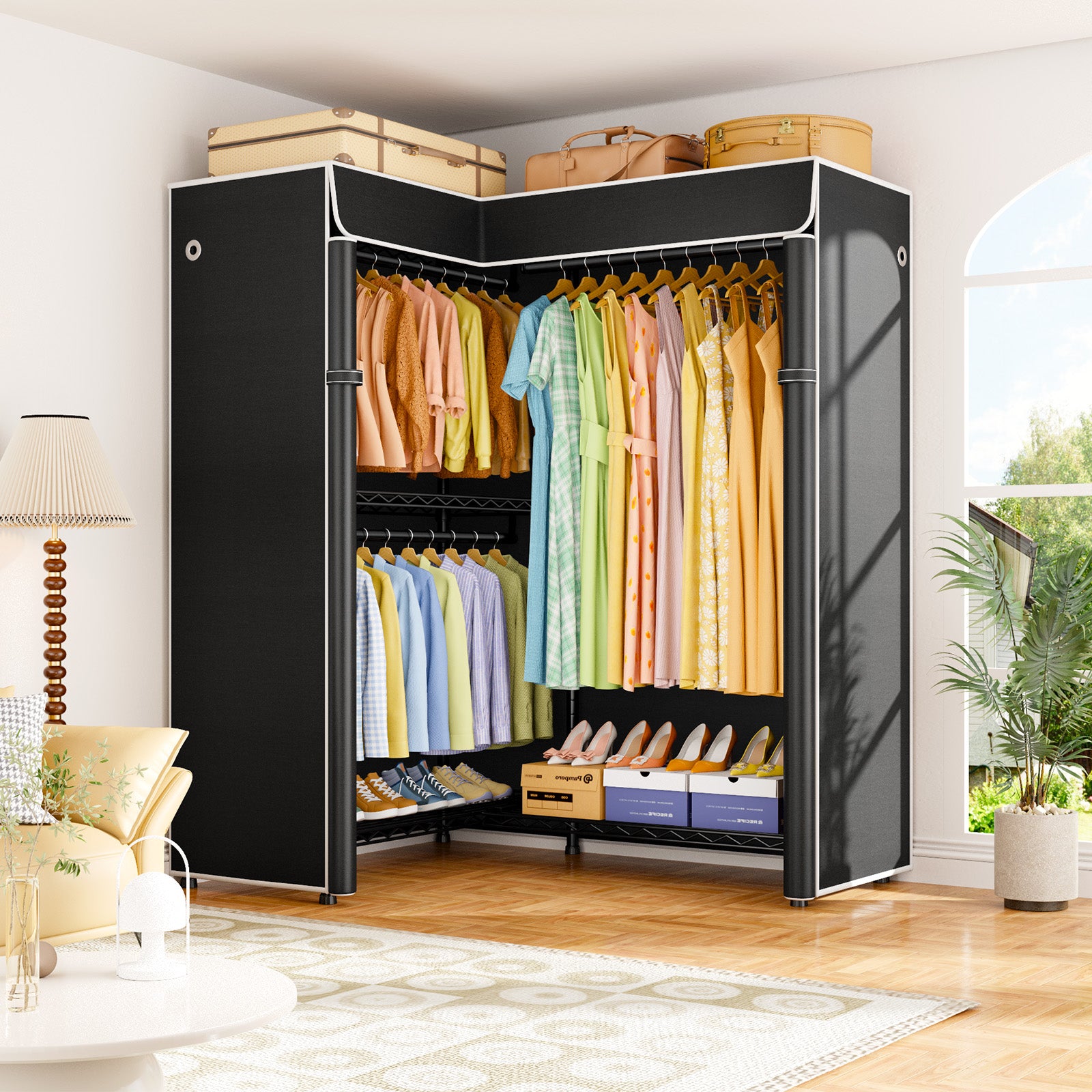 E15C Garment Rack L Shaped Clothes Rack for Corner, 43.3"W x 15.8"D x 78.4"H, Black Rack with Grey Dustproof Cover