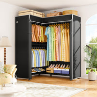 E15C Garment Rack L Shaped Clothes Rack for Corner, 43.3"W x 15.8"D x 78.4"H, Black Rack with Grey Dustproof Cover