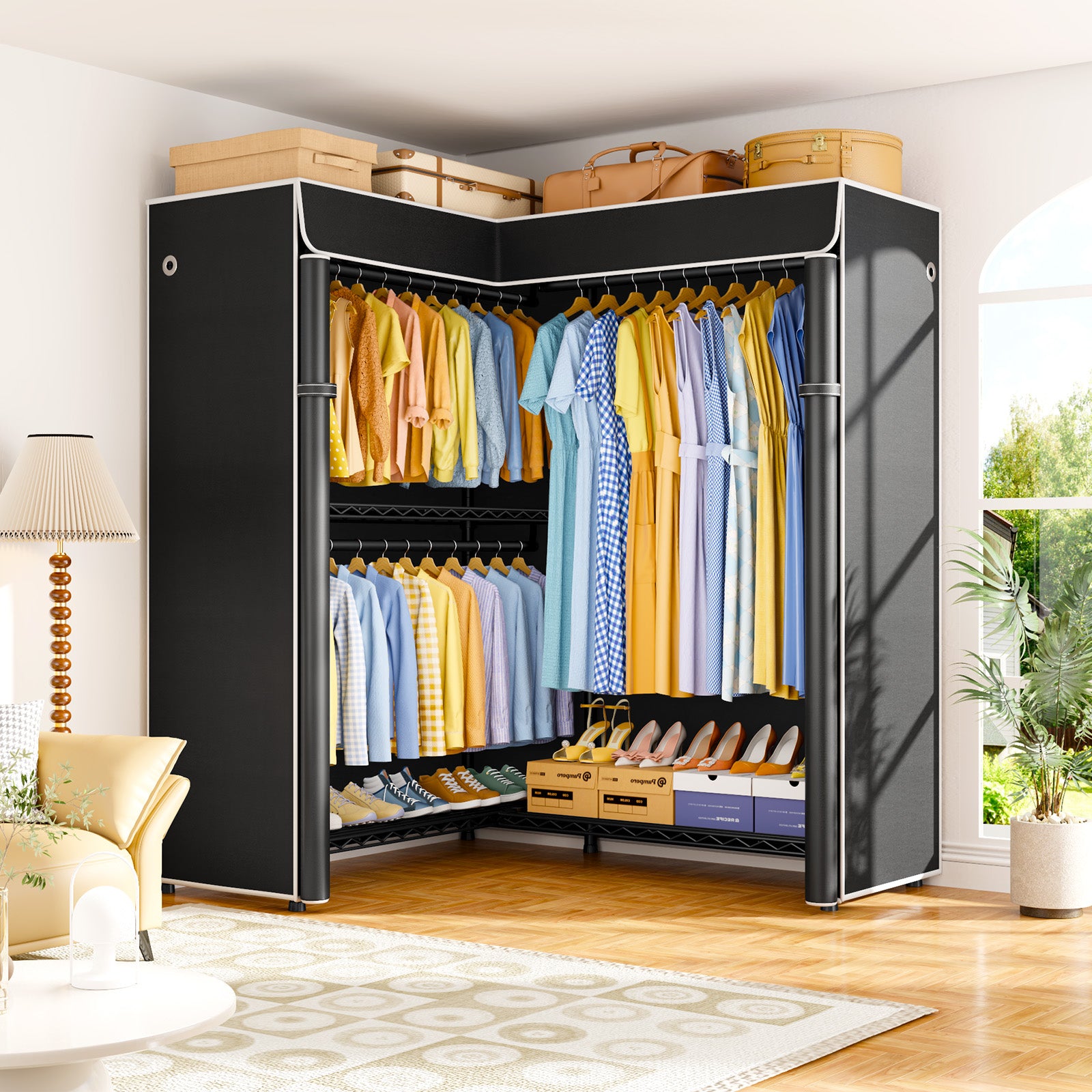 E15C Pro Garment Rack L Shaped Clothes Rack for Corner, 48.8"W x 15.8"D x 78.4"H, Black Rack with Black Dustproof Cover