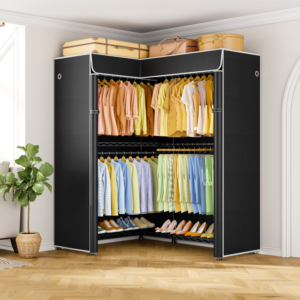 E15C Garment Rack L Shaped Clothes Rack for Corner, 43.3"W x 15.8"D x 78.4"H, Black Rack with Grey Dustproof Cover