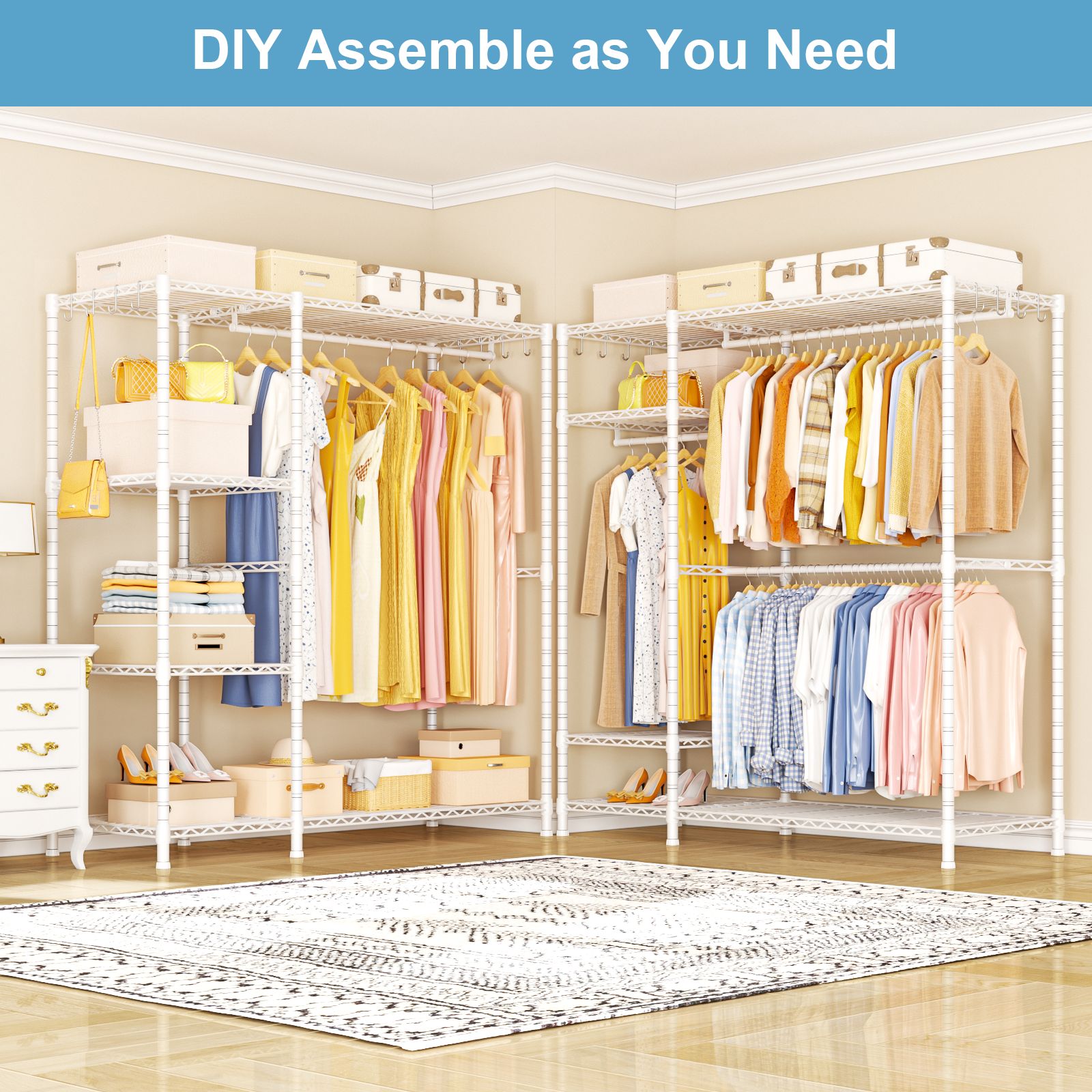 F7 Double Column Garment Rack (Black), 58"W x 14.6"D x 76.6"H, 800LBS Load & 6-Tier Shelves