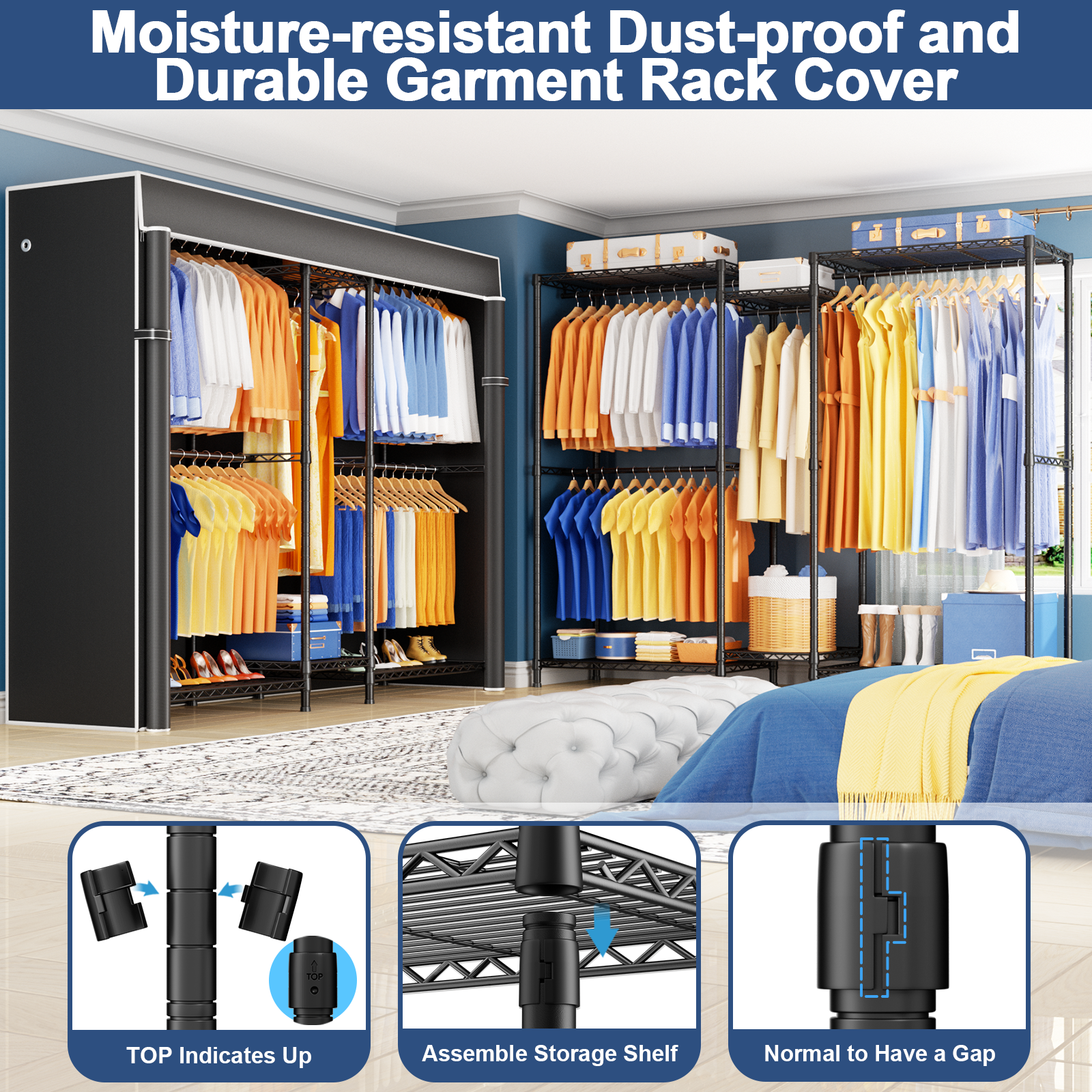 E12C Heavy Duty Closet Organizer System, Adjustable Garment Rack 71" W x 16" D x 76.5" H Holds 960 lbs, Black Rack with Black Dustproof Cover