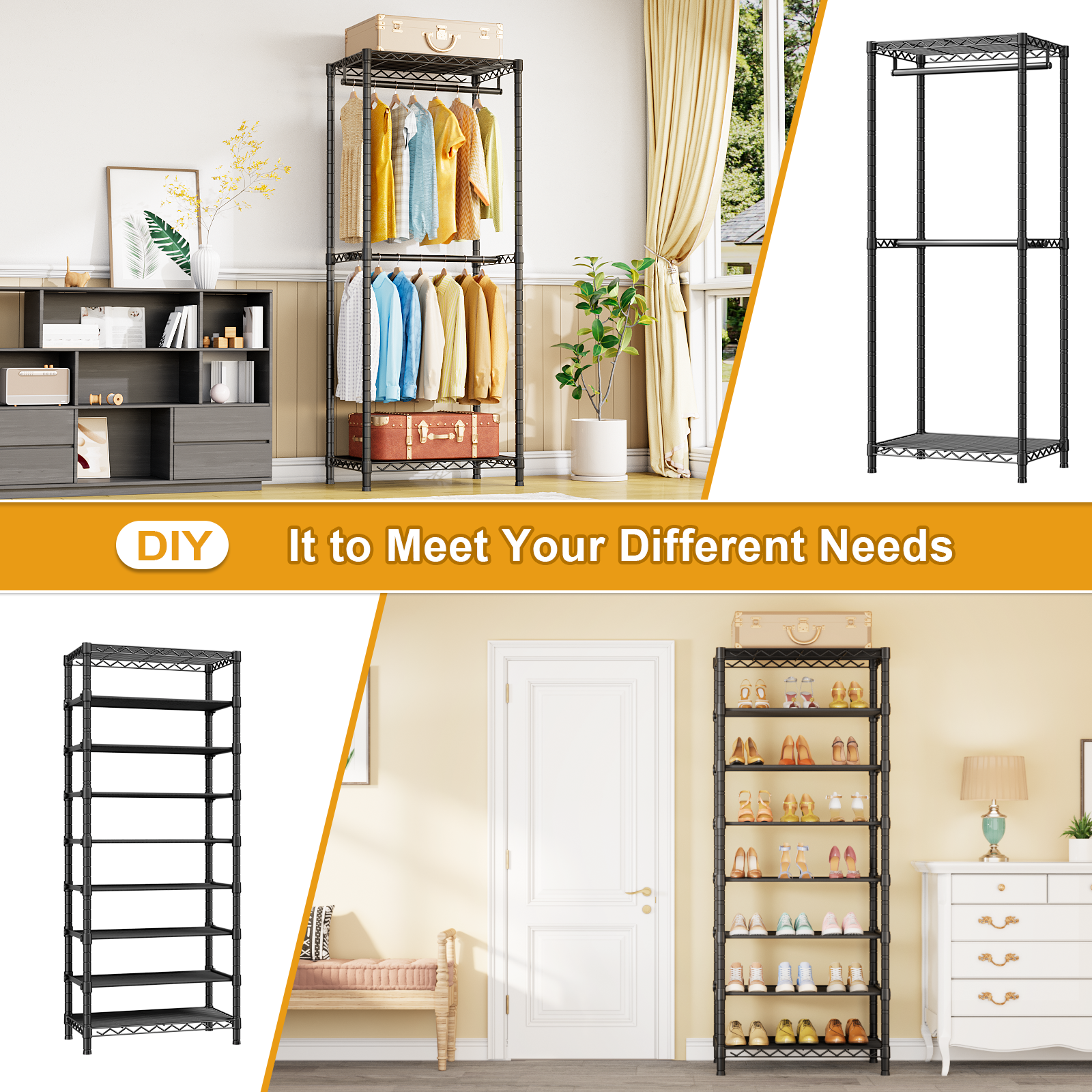 E16 Heavy Duty Clothing Rack（with 7-Tier Adjustable Shoe Rack） Freestanding Clothes Rack for Hanging Clothes