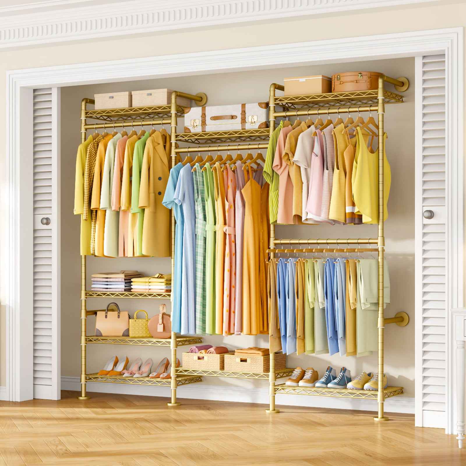 M6 Clothes Rack for Wall Mounted, Heavy Duty Closet Wardrobe System with 8 Shelves and 4 Hanger Rods, 68.5" W x 11.8" D x 86.6" H Clothing Storage Organizer for Holding 1064lbs