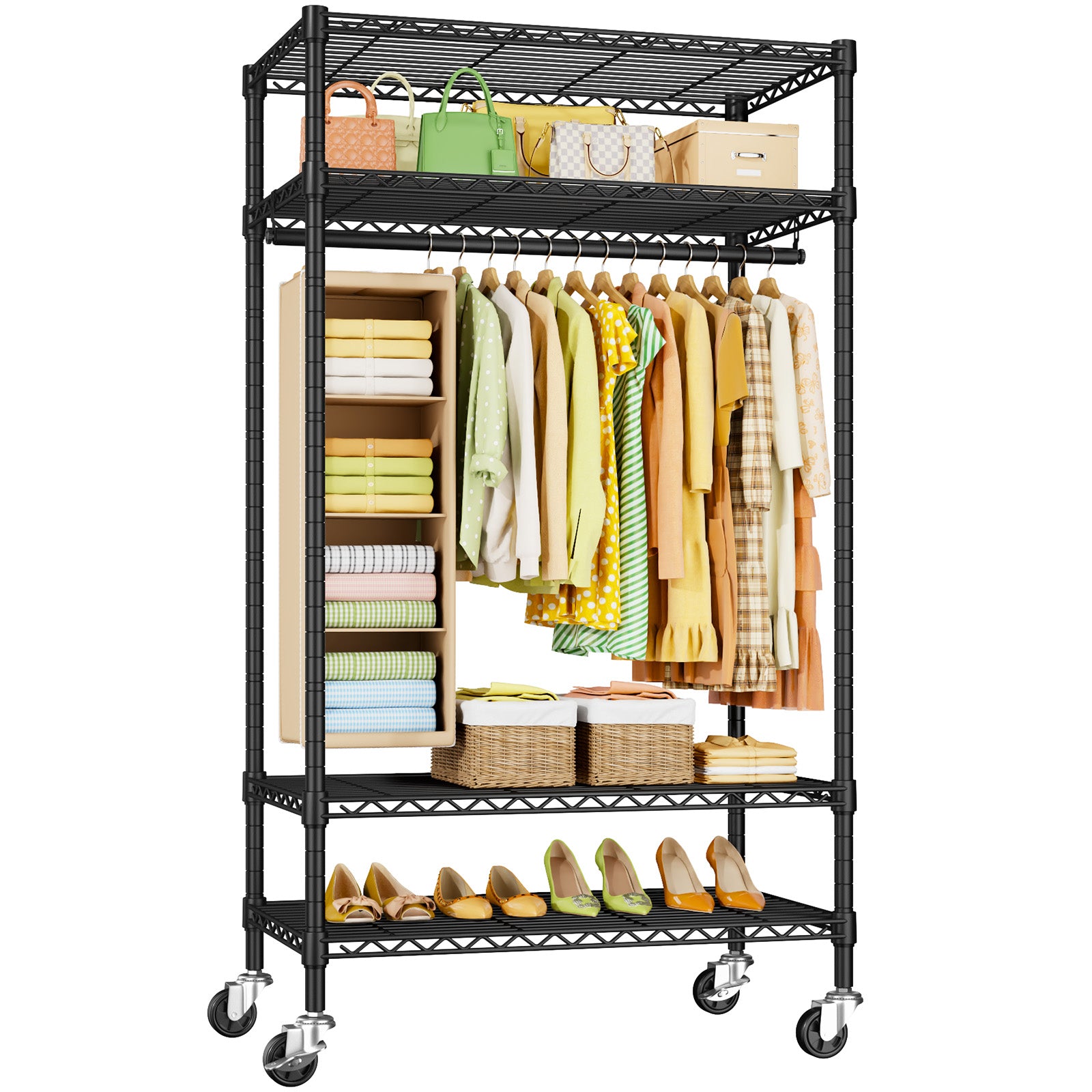 P9 Rolling Clothes Rack Heavy Duty, 4 Tiers Garment Rack with Wheels, 35.5" L X 15.8" W X 80.5" H, Max Load 445 LBS