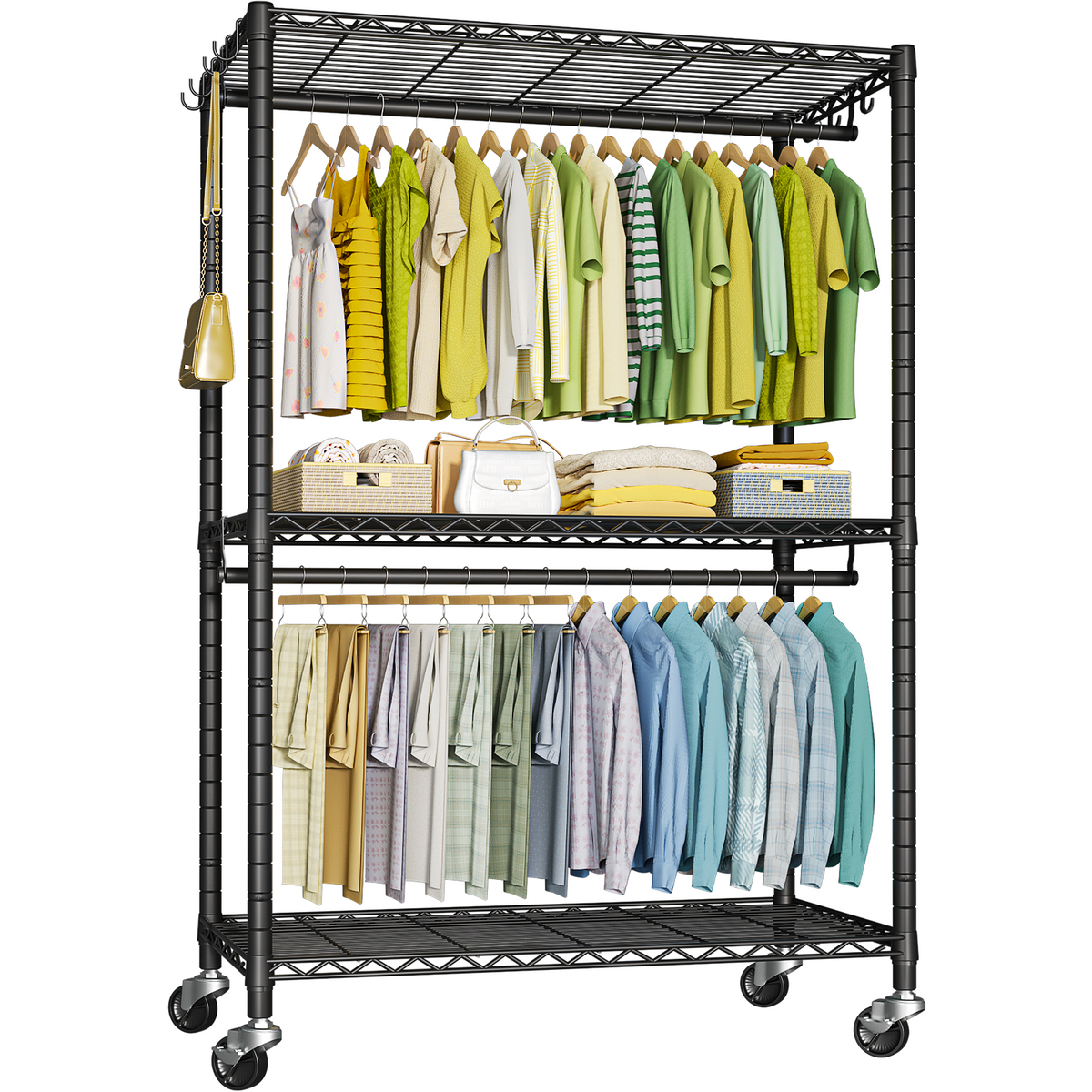 P3 Single Column Garment Rack (Black), 39.4"W, 464LBS Load & 3-Tier Shelves with Lockable Wheels