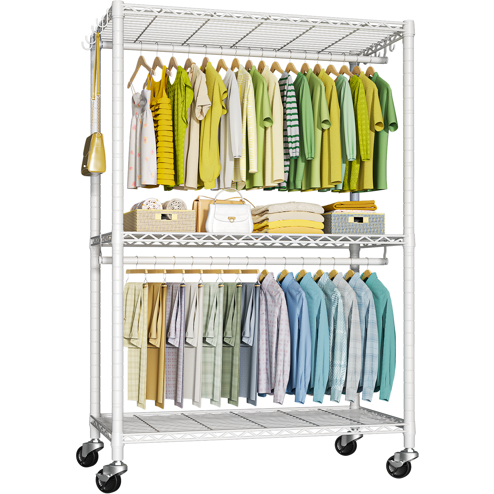 P3 Single Column Garment Rack (Black), 39.4"W, 464LBS Load & 3-Tier Shelves with Lockable Wheels