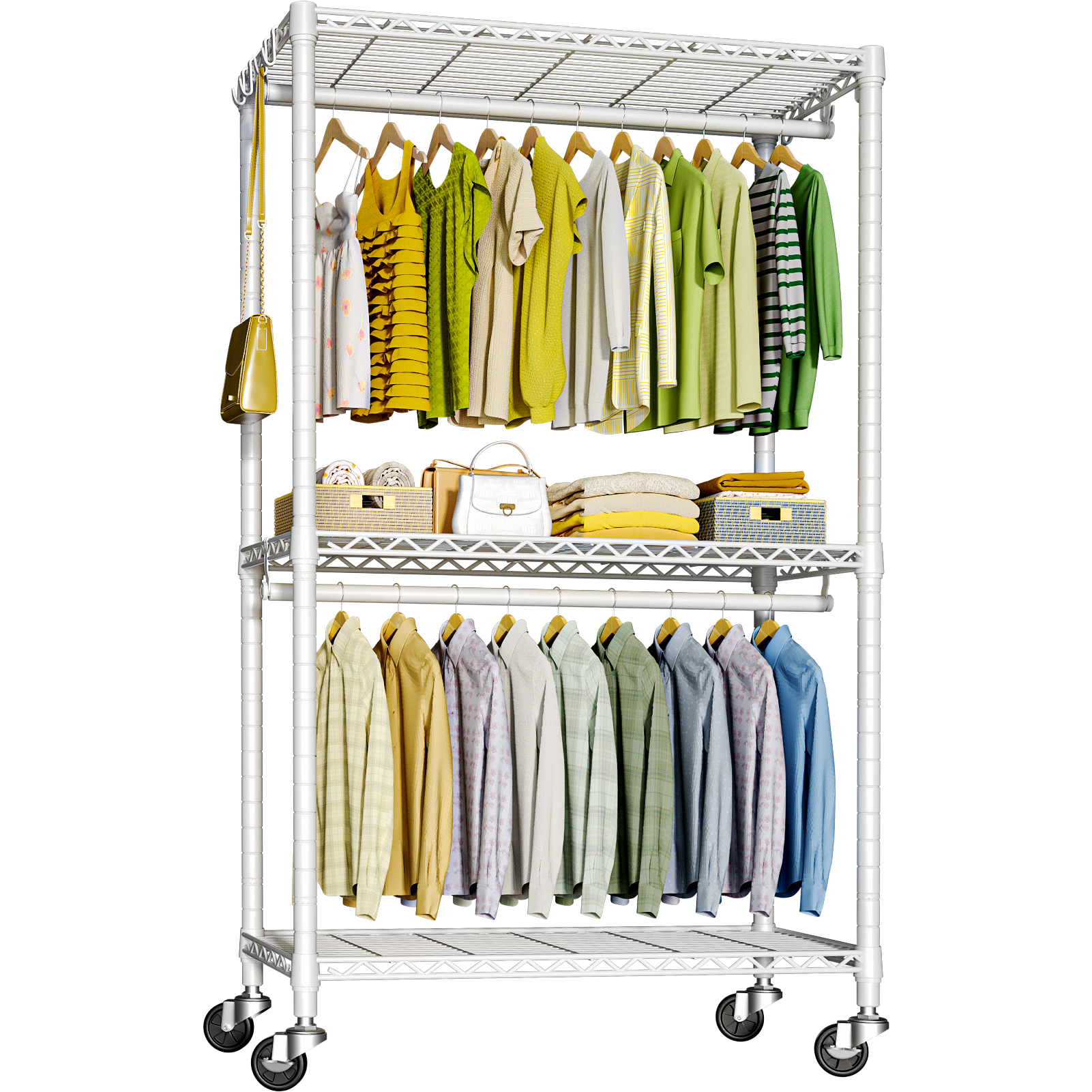 P3 Single Column Garment Rack (Black), 39.4"W, 464LBS Load & 3-Tier Shelves with Lockable Wheels