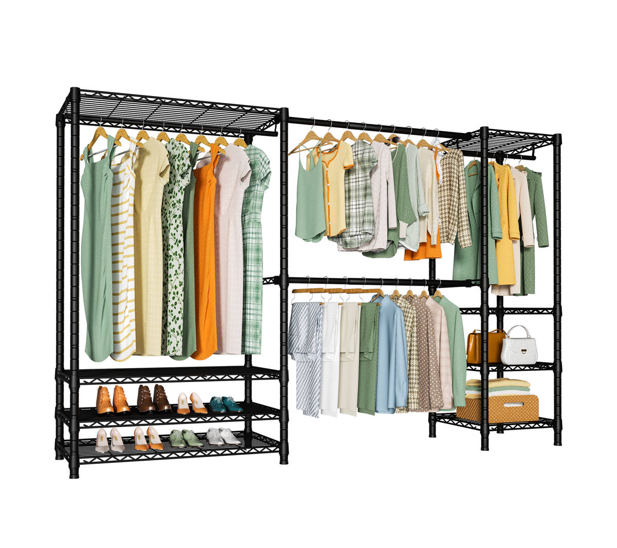 E11 73.2-97.6" Extendable Triple Column Garment Rack (Black), 1034LBS Load & Wall-Mounted/Free-Standing